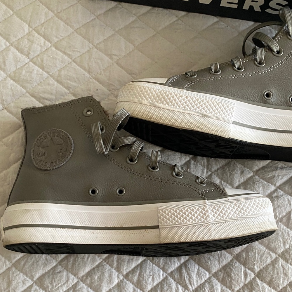 Converse Leather High-Top Sneakers in Gray and White